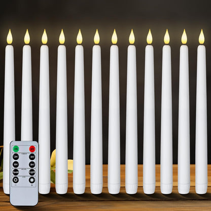 Homemory 12 Pcs Flameless Taper Candles with Remote Timer Dimmer, 11 inches White LED Taper Candles, Plastic Battery Operated Candlesticks with Flickering Flame for Halloween Christmas Wedding Party