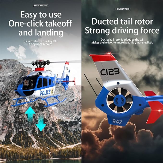 RC ERA C123 EC135 6CH RC Helicopter 1/36 Scale Military Aircraft Single-Rotor Gyroscopic Stabilization with Altitude Hold/One-Key Take Off for Beginners &amp Adults -RTF/2 Battery