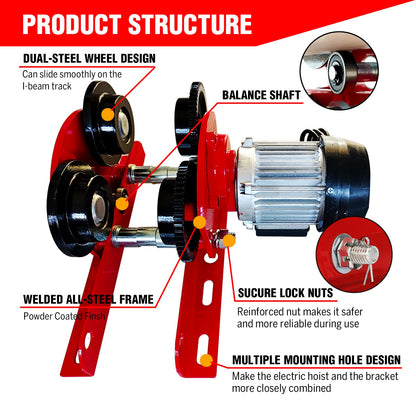 Electric Trolley for Power Hoist 2200LBS Capacity,Fit 2.68-4.33 in I-Beam,Push Geared Overhead Crane Heavy Duty Wheels System for PA200 to PA1000 Hoists,Perfect for Gantry Cranes,Warehouses