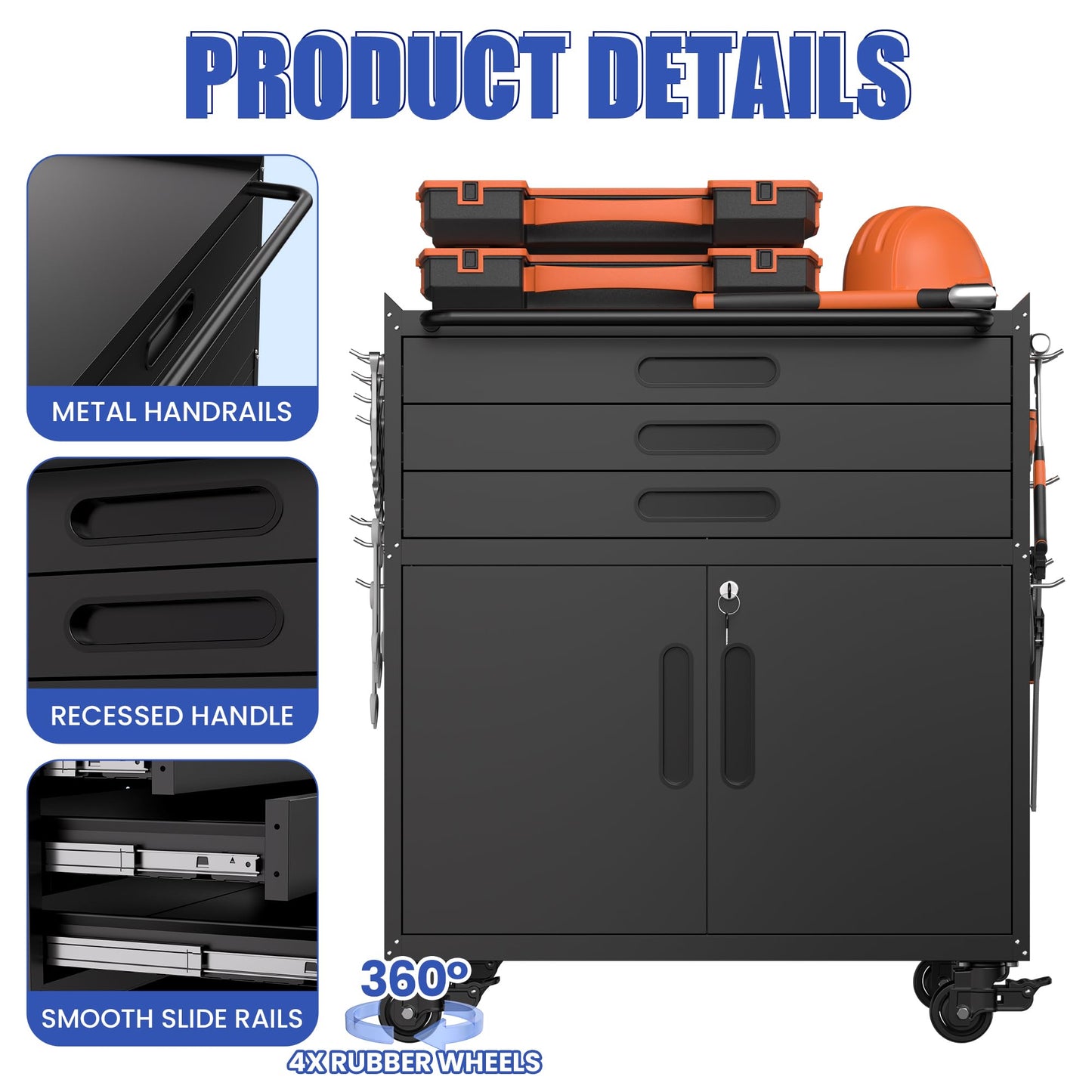 OPTYMIRA Metal Mobile Tool Storage Cabinet with 2 Locking Doors and 3 Drawers,Black Heavy Duty Rolling Tool Cabinets for Garage,Metal Storage Cabinets with Wheels and Pegboard,Assembly Required