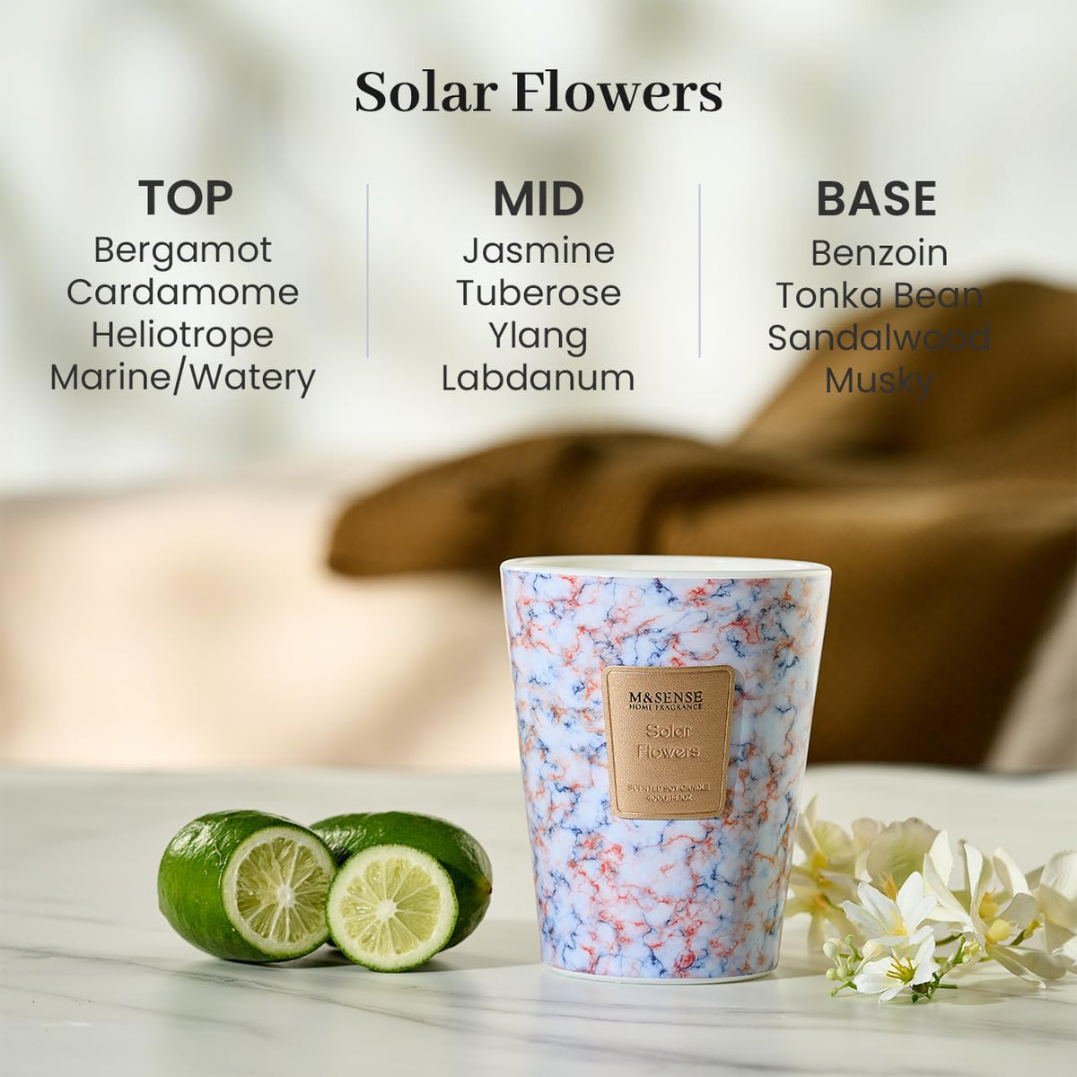 M&SENSE Solar Flowers Scented Soy Candle, 3 Wick Highly Scented 14.1 Oz 75H, Aromatherapy Christmas Gift for Women and Men
