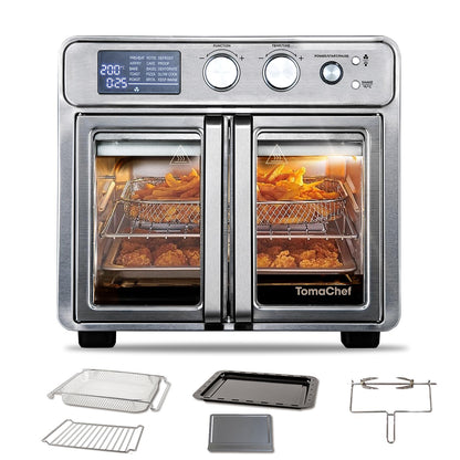 TomaChef 26QT French Door Air Fryer Toaster Oven Combo, 15 Cooking Functions including Rotisserie, and Digital Controls, 30 Recipes & 5 Accessories, Stainless Steel Finish