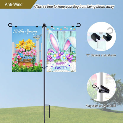 Skiennix Garden Flag Stand Holder - Dual Arm Yard Flagpole for 12"x18" Flags | 39-Inch Black Design