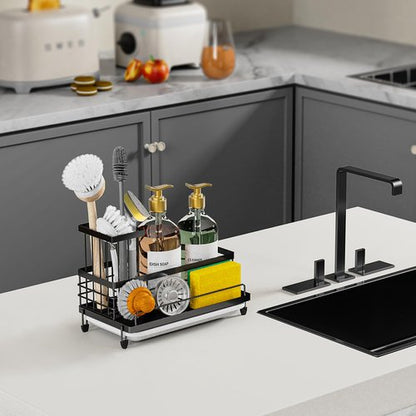 Cisily Large Capacity Kitchen Sink Caddy Organizer, Rustproof Non-Slip Sponge Holder With Dish Brush Holder Organizer, Kitchen Organization and Storage, Essentials Accessories for Countertop