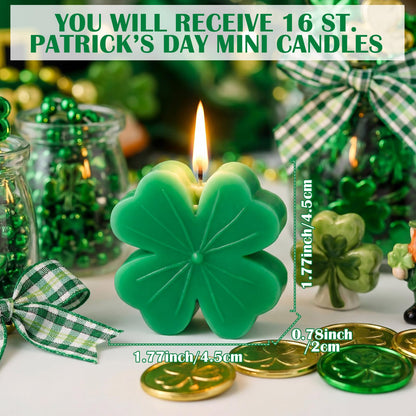 Lyrow 16 Pcs St. Patrick's Day Shamrock Candles 2 Inch Mini Clover Burning Candles Soy Wax for St. Patrick's Irish Day Decorations Home Table Centerpiece Decor