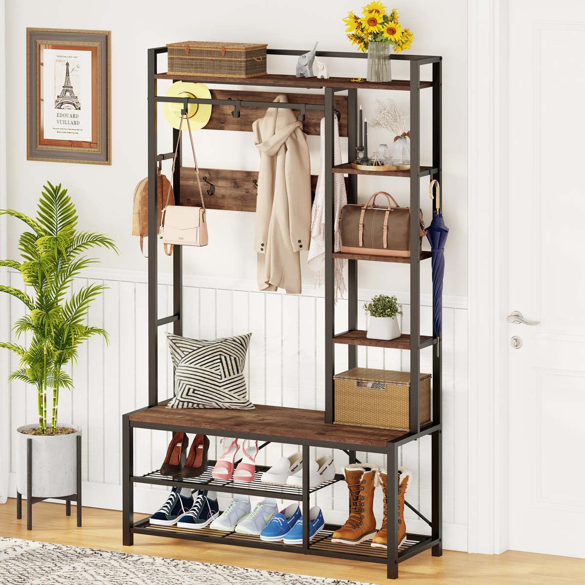BON AUGURE Hall Tree with Shoe Storage, 5-in-1 Reversible Entryway Bench with 4 Tier Rustic Ladder Bookshelf, Standing Leaning Book Shelves for Living Room (Rustic Oak)