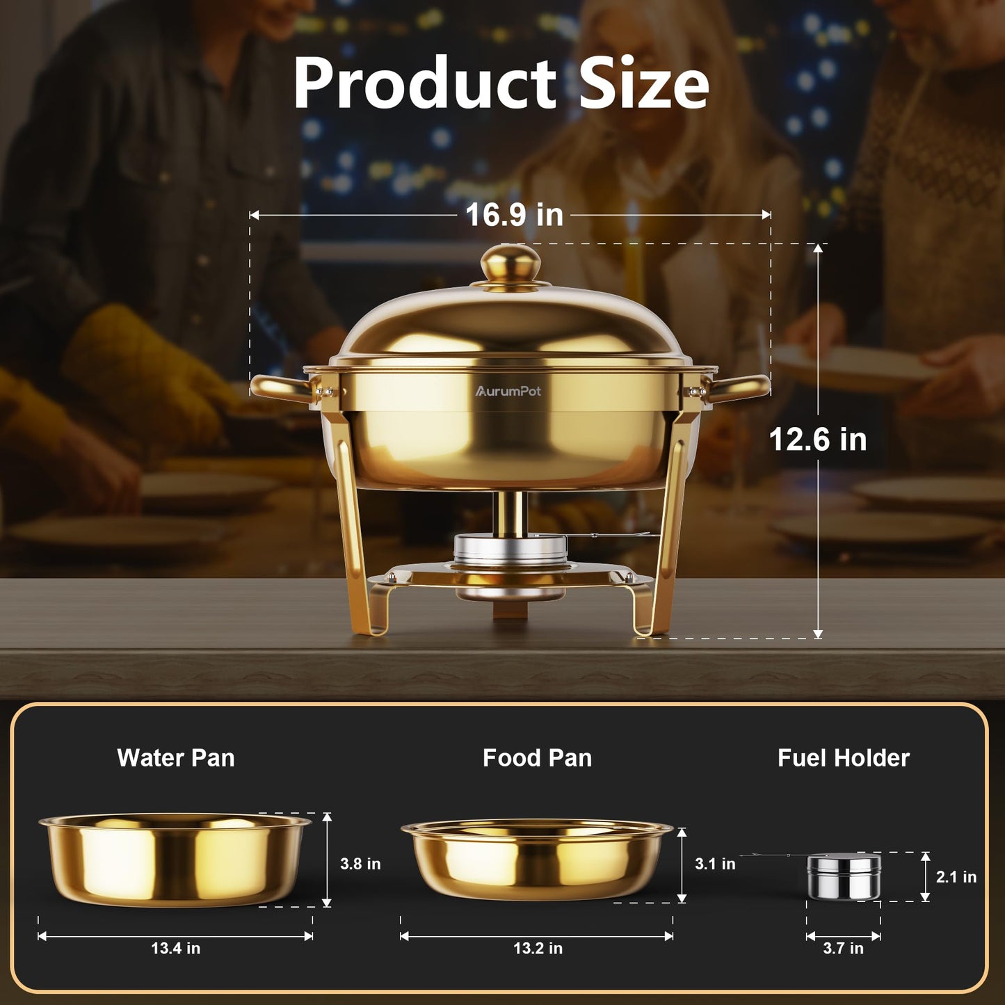 AurumPot Chafing Dishes for Buffet 4 Pack, 6QT Food Warmers for Parties Buffet, Christmas Gatherings [Elegant All-Gold Colors] Stainless Steel Round Chafing Dish Buffet Set,Buffet Servers and Warmers