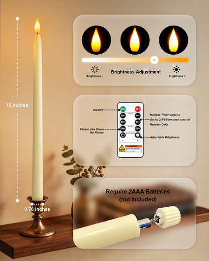 Homemory 15 inches Real Wax Flameless Taper Candles with Remote Timer, 6 Pcs Ivory LED Taper Candles Battery Operated with 3D Flickering Flame, Window Candle Led Candlesticks for Dinners Home Decor