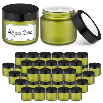 2 oz Small Glass Jars with Lids, Bumobum 48 pack Round Green Glass Candle Jars with Black Lids, White Labels & Inner Liners, Empty Cosmetic Containers for Cream, Lotion, Slime, Ointment
