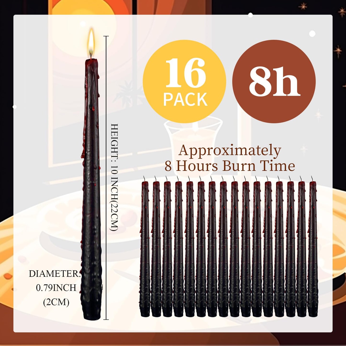MTLEE 16 Pcs 10 Inch Long Tapered Candle Stick Bulk Smokeless Unscented Burning Candlestick Paraffin Wax with Cotton Wick for Valentine's Day Baby Shower Wedding Holiday Party Church (Horror Color)