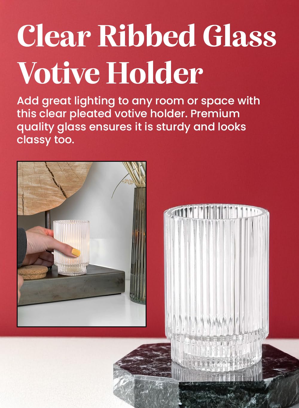 Serene Spaces Living Clear Ribbed Glass Votive Holder, Decorative Centerpiece for Wedding, Christmas, Thanksgiving, Dining Table, Living Room, Home Décor, 3.5" Diameter & 5" Tall, Pack of 24