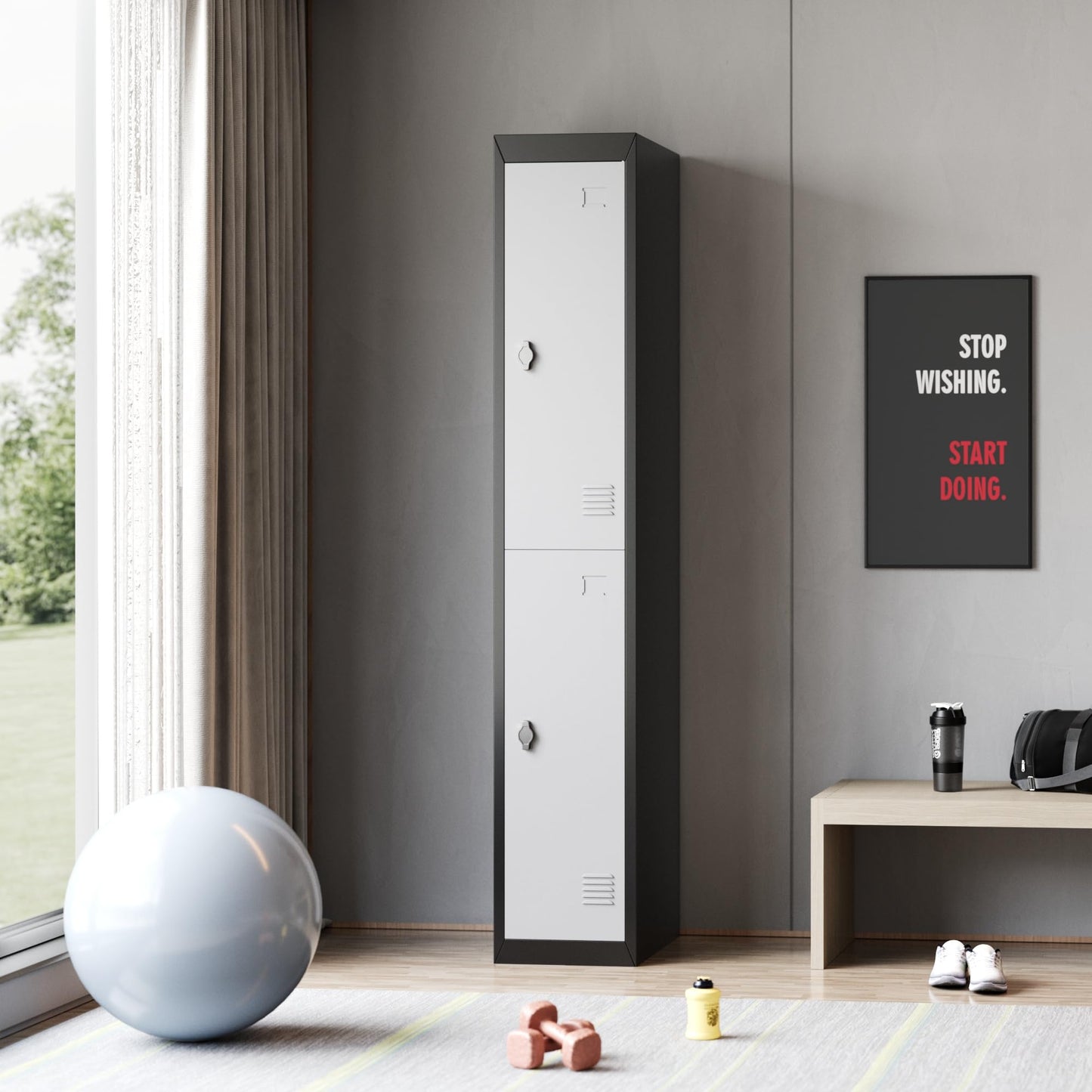 GAOMON 2 Door Tall Metal Locker with Key Employee Metal Locker, Lockable Heavy Duty Steel Employee Locker for Schools, Gyms, Homes, Offices, Utility Rooms, Grey and Black