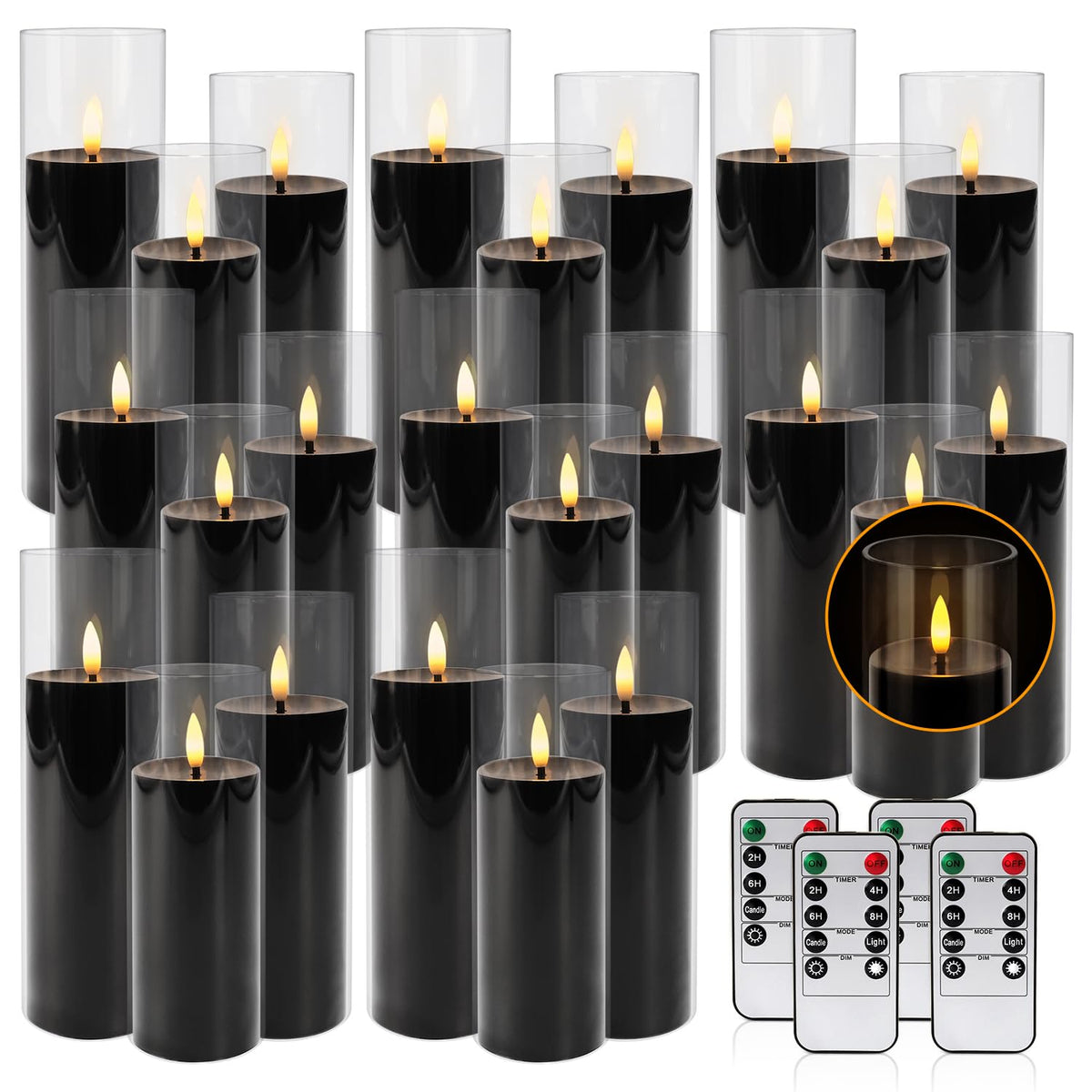 fclayvts 24Pack Black Flickering Flameless LED Candles with Remote & Timer, Small Pillar Acrylic LED Candles Perfect for Indoor/Outdoor Decor,Wedding,BBQ and Gift - Easily Create a Magical Atmosphere.