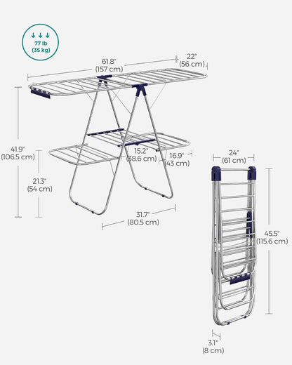 SONGMICS Foldable Clothes Drying Rack - 2-Level Laundry Airer with Adjustable Wings & 33 Rails | Silver & Blue