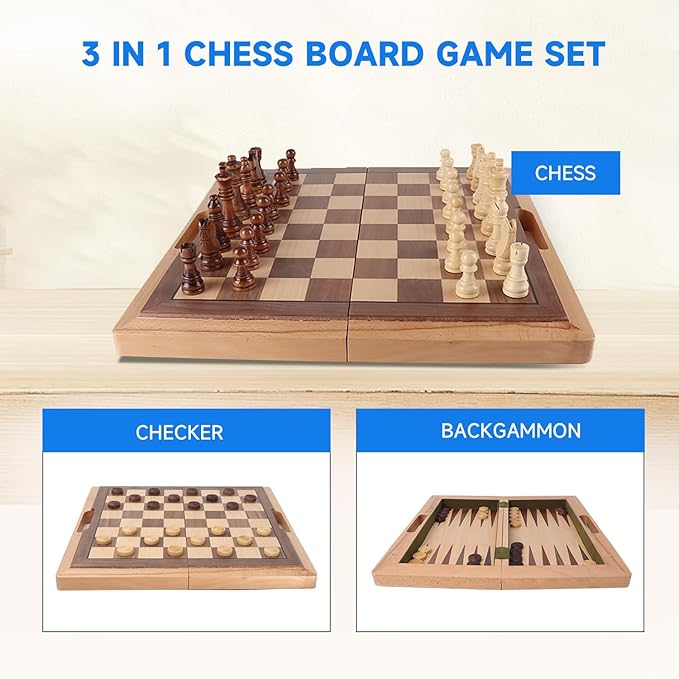 GSE Games &amp Sports Expert 16 Deluxe 3-in-1 Wooden Folding Chess Checker &amp Backgammon Board Game Combo Set Portable Travel Game Set for Kids &amp Adults
