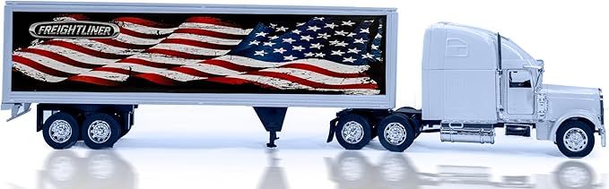 Shop72 1:32 Scale Toy Truck with Trailer Diecast Semi Long Hauler Truck Collectible Long Hauler with Trailer Realistic Diecast 18 Wheelers Semi Replica Freightliner Classic XL Model US Flag Theme