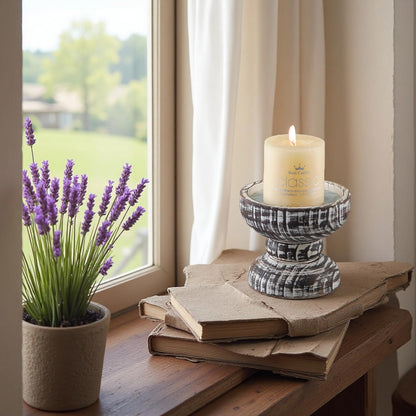 SOFE Wood Rustic Candle Holder, 5 Inches Tall Farmhouse Candle Pillar Holder, Distressed Small Plant Stand, Living Room, Dining Room, Centerpieces for Tables