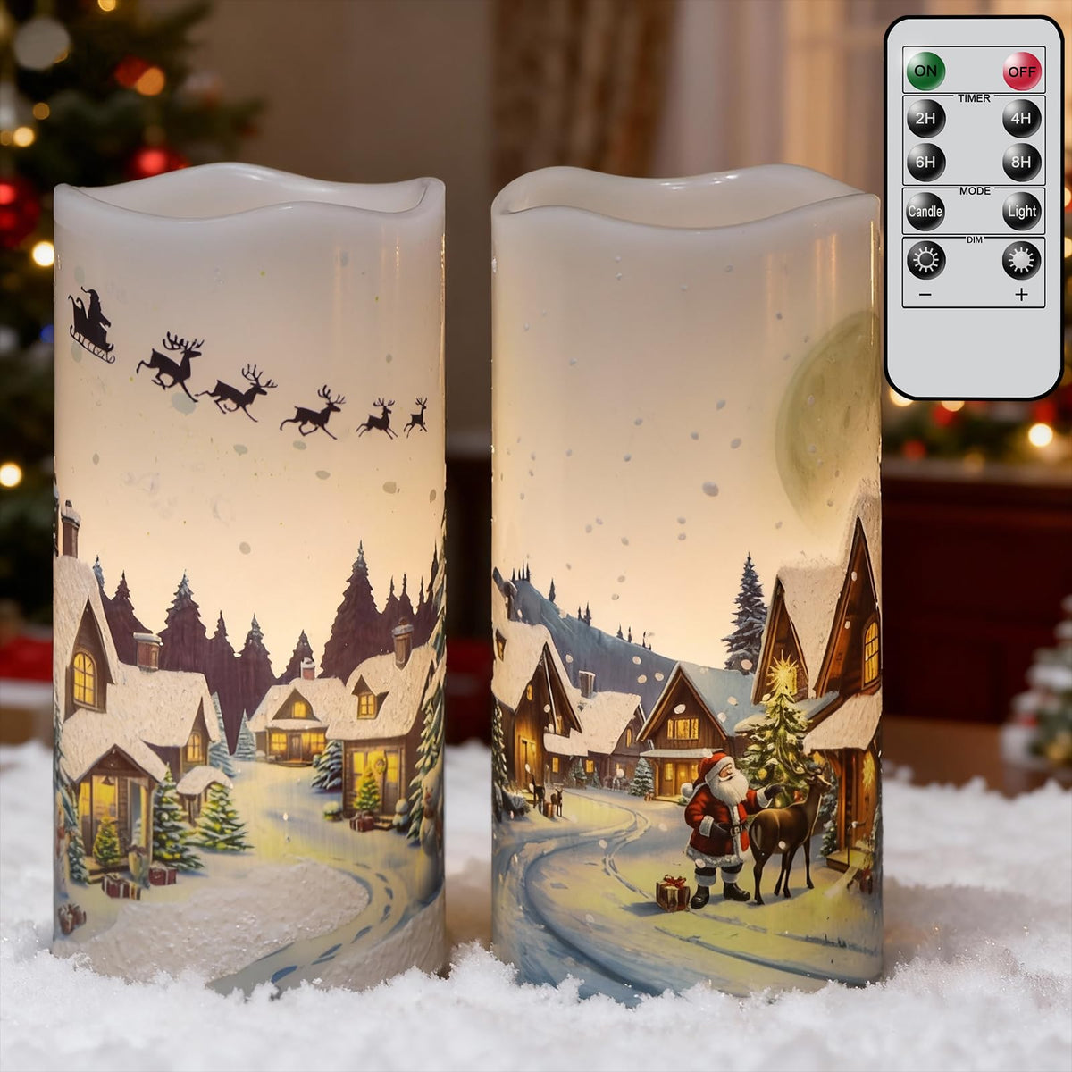 KunSwenn Christmas Flameless Candles, Christmas LED Battery Operated Candles with Remote Timer, Set of 2 Pillar Candle with Snow House, Santa, Reindeer Decals for Holiday Winter Decor(D6” x H3”)