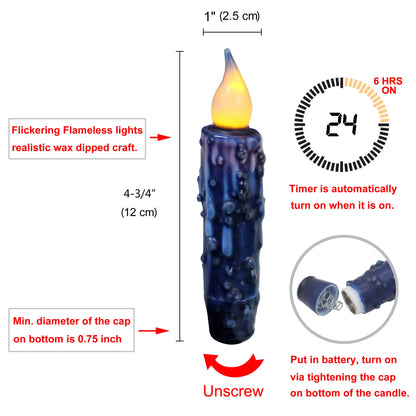 CVHOMEDECO. Real Wax Hand Dipped Battery Operated LED Timer Taper Candles Rustic Primitive Flameless Lights Decor, 4-3/4 Inch, Navy Blue, 2 PCS in a Package