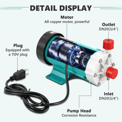 MXBAOHENG 824GPH Magnetic Drive Pump, 110V Circulating Water Pump, 65w Liquid Delivery Pump for Chemical Industry, Pharmaceutical Industry, and Electroplating Industry