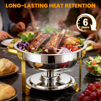 POWERFUEL Chafing Dishes for Buffet, 4 Pack 6QT Round Stainless Steel Chafers Sets with 4 Serving Tongs, Rolled-Edge Food Warmers for Parties, Catering, Weddings, Events Dinners
