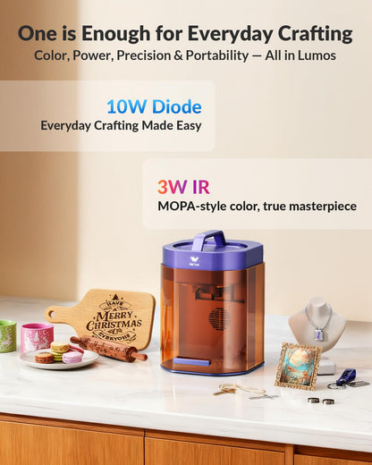 WECREAT Lumos Portable Laser Engraver, 3W IR & 10W Diode, Built-in 50MP Camera, Color Marking on Metal, 4000mm/s Fast, Auto/Manual Focus, Dual Laser Engraver Machine for Jewelry DIY Design Craft Fair