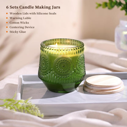 LAMORGIFT 6 Pack Large Green Candle Jars - 13.5oz Glass with Wooden Lids and Labels, Empty Jars for Candle Making Supplies