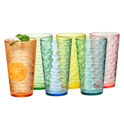 MIYOPESI 20oz Acrylic Glasses (Set of 6), Water-Ripple Design Shatter-Proof Plastic Cups, Reusable Plastic Tumblers, Stackable, BPA-Free, Dishwasher-Safe (Colorful)