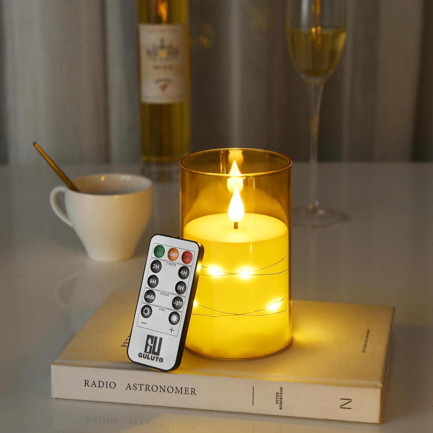 Guluto Flameless LED Candles, Non-breakable Battery Operated Candles with Embedded Star String, D 3"×H 5", Set of 2, Flickering Pillar Candle with Remote and Timer for Birthday Home Decoration (Gold)