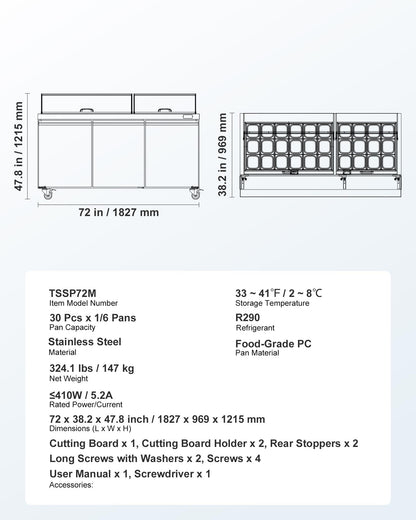 VEVOR 72"W Commercial Refrigerator, 18.7 Cu. Ft Sandwich Prep Refrigerated Table, Mega Top Food Prep Fridge with 30 Pans and Cutting Board, Stainless Steel Salad Prep Cooler for Restaurant, Food Truck
