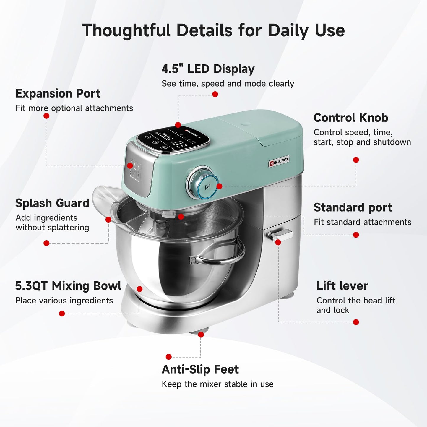 Hauswirt Stand Mixer Silent with LED Touch Screen, 5.3QT XL Large Mixers Kitchen Electric Stand Mixer for Household, 500W DC Motor 11-Speed for Bread Pasta Meat – Lake Green