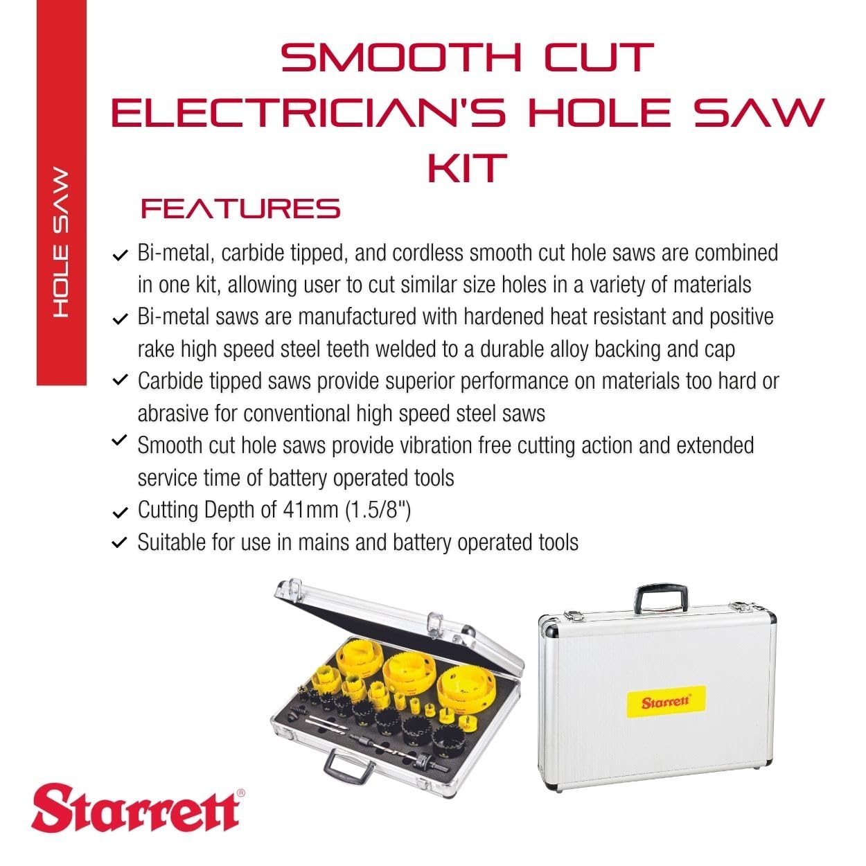 Starrett Smooth Cut Electricians Hole Saw Kit - 31 Piece Bi-Metal/Carbide Tipped/Cordless Smooth Cut Electricians Hole Saw Kit with Aluminum Case - KMX25061-N