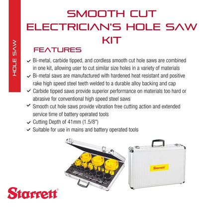 Starrett Smooth Cut Electricians Hole Saw Kit - 31 Piece Bi-Metal/Carbide Tipped/Cordless Smooth Cut Electricians Hole Saw Kit with Aluminum Case - KMX25061-N