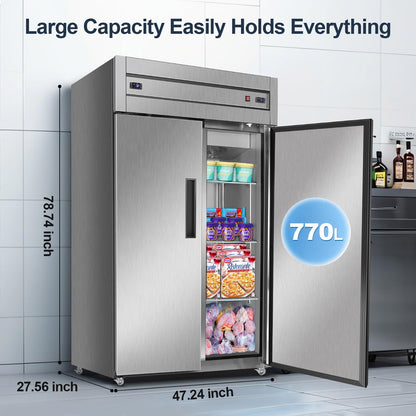 Tylza Commercial Refrigerator and Freezer Combo, 48" W Dual Temperature Zones, All Stainless Steel Design, 770L 6 Adjustable Shelves Refrigerator and Freezer Combo for Restuarant, Shop, Garage, etc