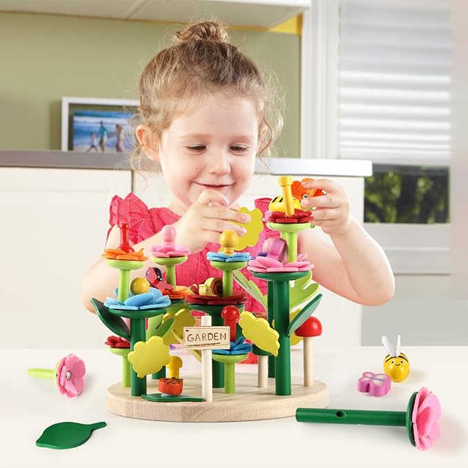 Wooden Flower Garden Building Toys for Kids STEM Educational Activity Preschool Kit Gift for Boys Girls Age 3 4 5 6 7 Years Old Stacking Game for Toddlers Build a Bouquet Spring Gifts