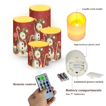 NETILGEN Flameless LED Battery Candles with 18-Key Timer Remote Control Colorful Lights Candles Set of 4 Christmas Cartoon Snowman Print