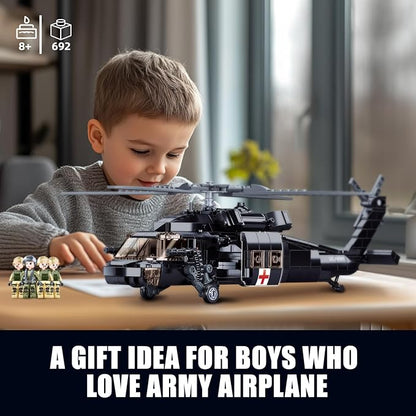 UH-60 Black Utility Helicopter Building Set for Adults Compatible with Lego Military Army Airplane Hawk Plane Model Kit with 4 Soldier Figures Birthday Gift Toys for 8-14 Boys Kids (692 PCS)