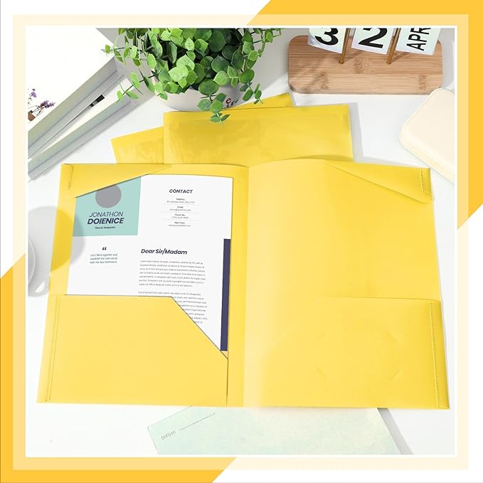 Henoyso 150 Pack Plastic Folders with Clear Front Pockets Heavy Duty File Folders with 2 Pockets and Card Slot for Classroom School &amp Office Bulk Supply (Yellow)