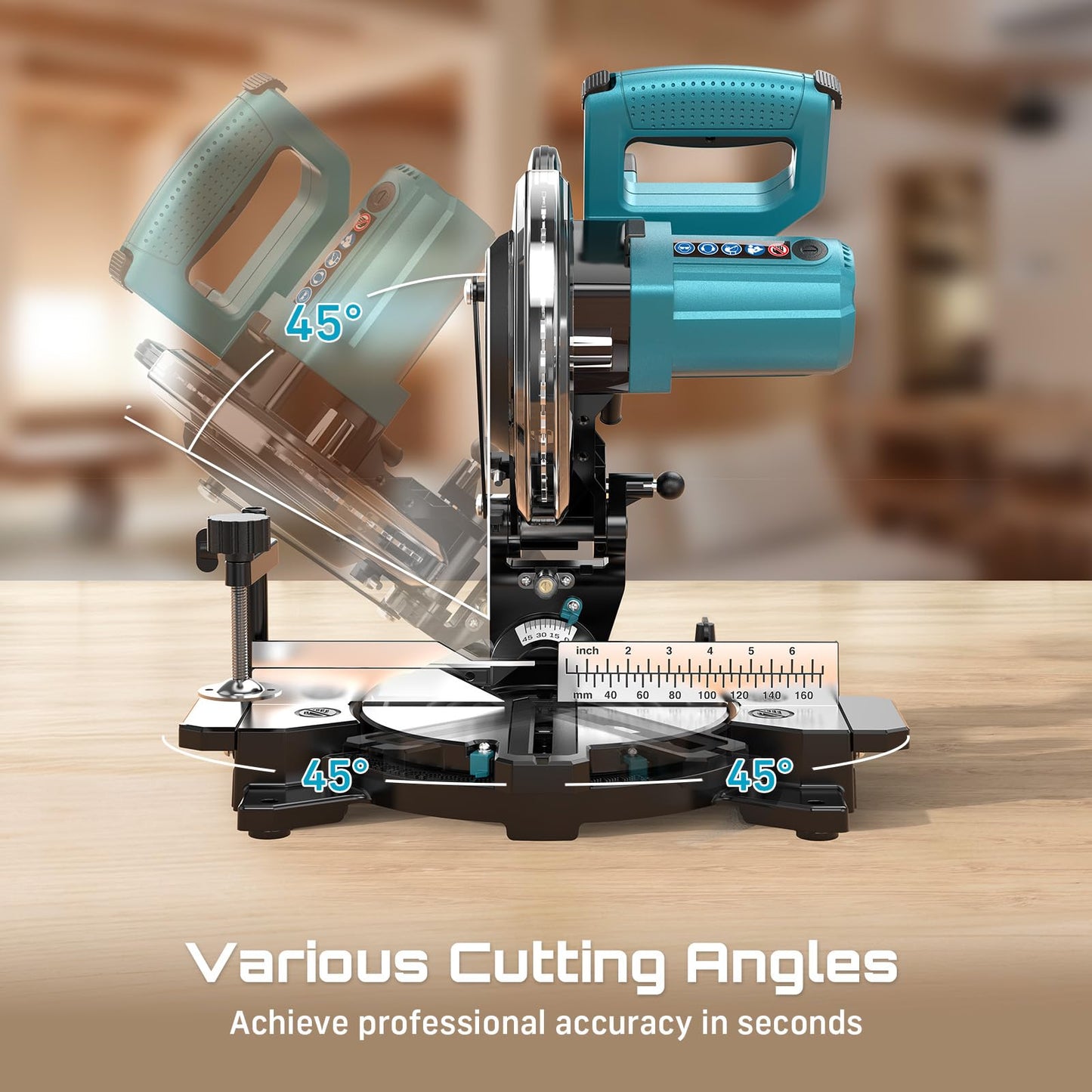 SEESII Power Compound Miter Saw: 8-inch Compact Miter Saw with Speed 4900RPM - Laser Guide - Precision Miter Angles - Lightweight Design - Single Bevel 0-45° for Carpenter Woodworking Project DIY