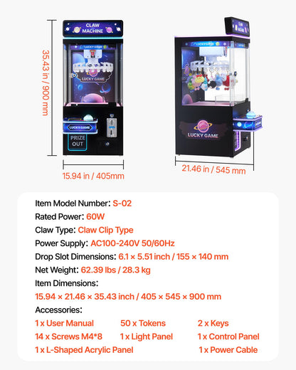 VEVOR Claw Crane Machine, Medium-Sized Arcade Game Machine with Light & Sound, Adjustable Difficulty, Precise Toy Candy Grabber Prize Dispenser Vending Toy, for Commercial Home Cinema, Black Purple