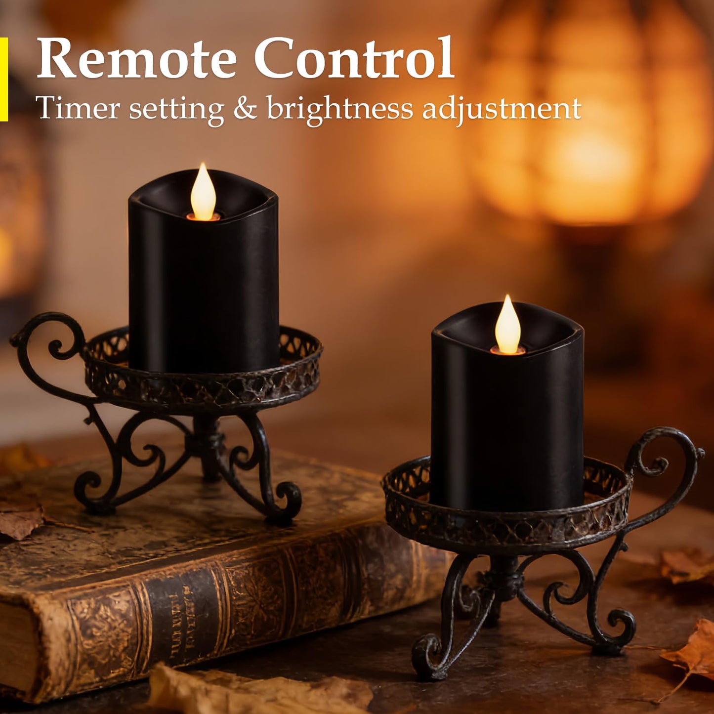 Woocodowe Black Flameless LED Candles - 3" x 4" Real Wax, Battery Operated with Remote Timer, 3D Flickering, Lasts 600+ Hours, Halloween & Christmas Deco (Black, 3"*4"-2pcs)