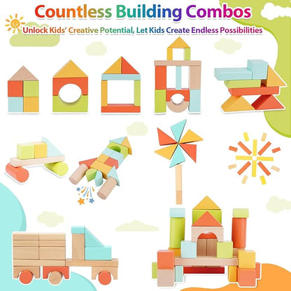 FCSONU Wooden Building Blocks for Toddlers 1-3 100 Pcs Wood Blocks Set - Sorting &amp Stacking Toys with Storage and Lid Kid Montessori Toys Ages 2+ Christmas 1st Birthday Gifts for Boys Girls Bab