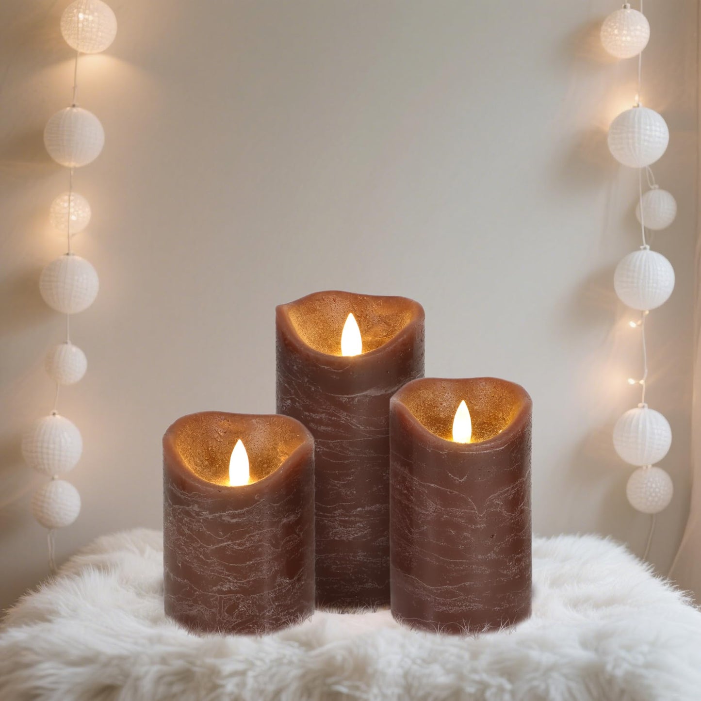 7LinRay Brown Flameless Candles with Remote, Real Wax Battery Operated LED Candles, Flickering Flameless Pillar Candles for Wedding, Festival, Set of 3