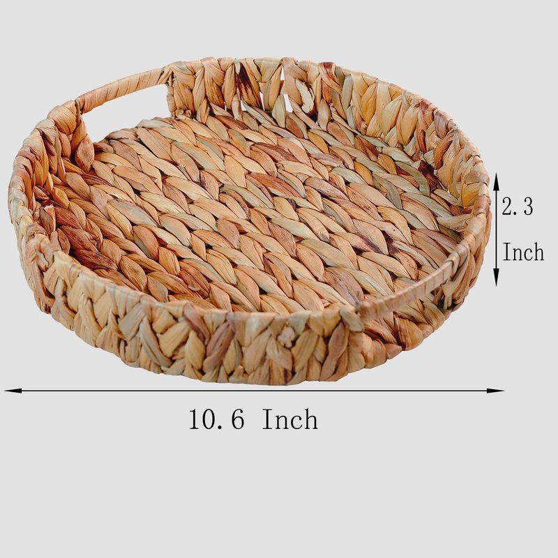 ZKZNsmart 2 Pcs Large Round Water Hyacinth Storage Baskets, Hand-Woven Natural Grass Weaving Trays with Built-in Handles, Wicker Serving Trays for Fruit, Arts, Crafts, and Home Decor (13" & 10.6")