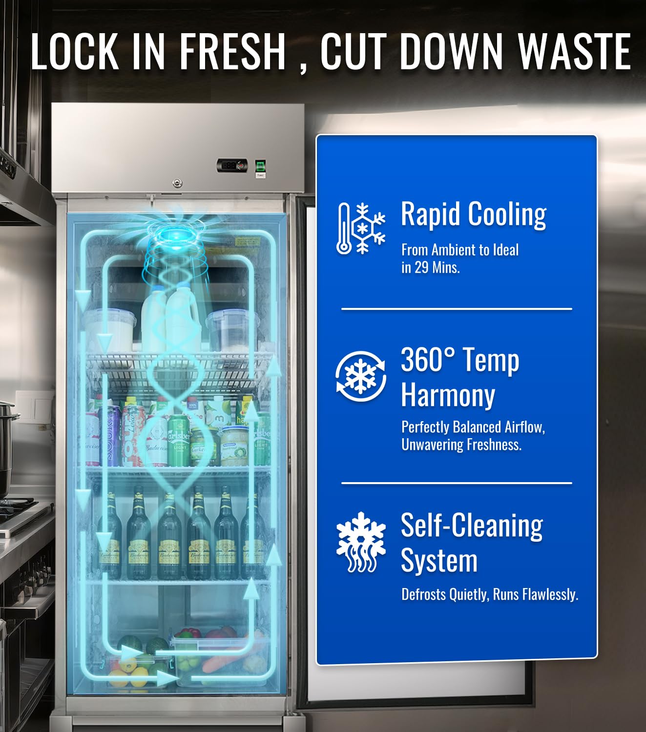 27" W Commercial Refrigerator, 23.6Cu.ft Reach-In Single Door Stainless Steel commercial fridge, 3 Shelves, Fan Cooling, Auto Defrost, Digital Thermostat - Ideal for Restaurant, Bar, Cafe, Shop
