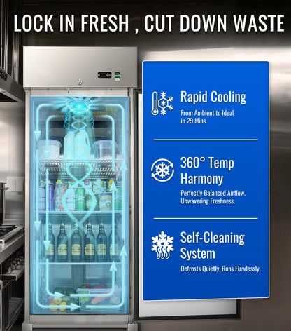 27" W Commercial Refrigerator, 23.6Cu.ft Reach-In Single Door Stainless Steel commercial fridge, 3 Shelves, Fan Cooling, Auto Defrost, Digital Thermostat - Ideal for Restaurant, Bar, Cafe, Shop