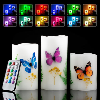 UNIVELA Candles Set of 3 Flameless 4" 5" 6" Unscented Tealight Butterfly Flower Plants Decor Real Wax Pillar Candle LED Lights 12 Color Changing 4H 8H Timer Remote Control AAA Batteries Operated