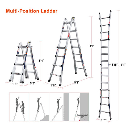BESTEP 15FT Adjustable Folding Multi-Position Ladder,A Frame 4-Step Anti-Slip Ladder with Aluminum Joint,Silver,ANSI Type 1A, 300 lbs Load Capacity,Welding Construction (YQGNT-4540)