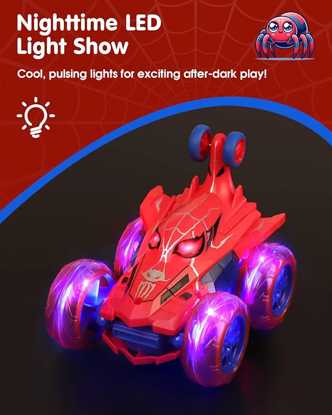 Spider RC Car for Kids – 4WD Remote Control Stunt Car with 360° Flip Fast Monster Crawler Toy with Light-Up Wheels – Rechargeable RC Vehicle Gift for Boys Ages 3-12