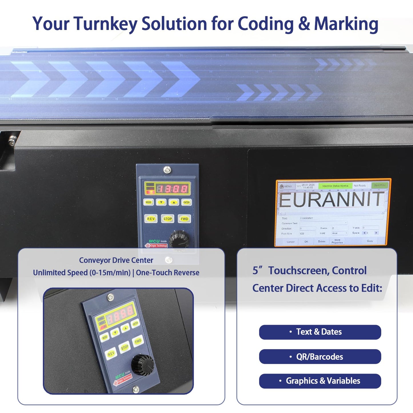 Eurannit XC20E Industrial Inkjet Printer System with Conveyor Belt and Ink Cartridge (0.5 inch Black), TIJ Inkjet Coding Machine 12.7mm Print Height for Small Packaging & Micro Production Lines